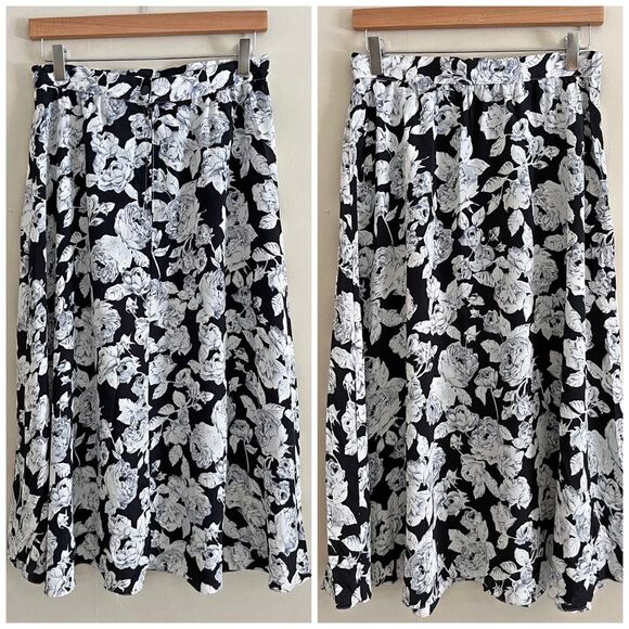 VINTAGE 90s Black & White Rose Floral Maxi Midi skirt -Cottagecore Academia - Picture 1 of 11